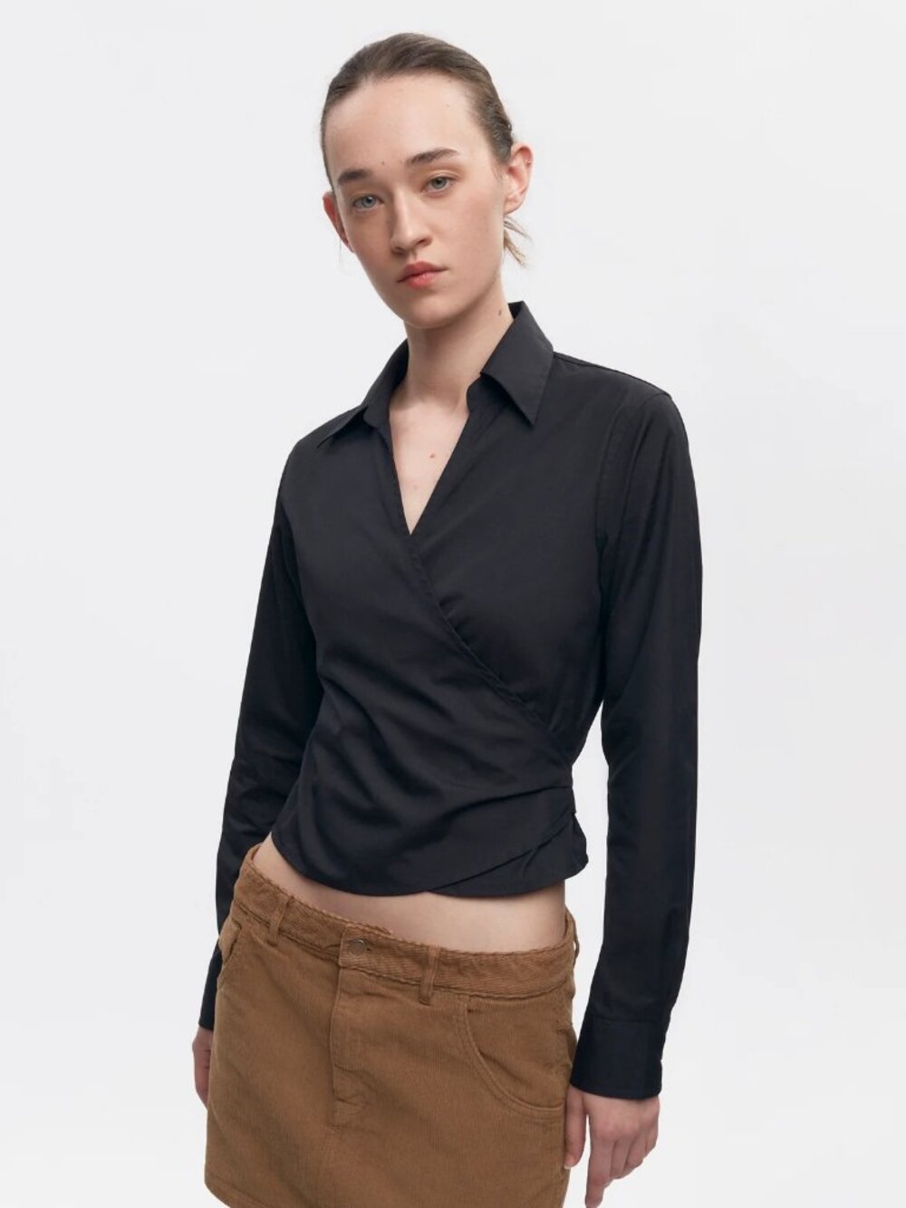 KOTN Black 100% Cotton Poplin Collared Long Sleeve Wrap Blouse Top, Size M